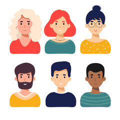 Flat vector characters. Vector avatars with eyes. Man and woman Smiling happy people. Happy emotions. Vector portraits.