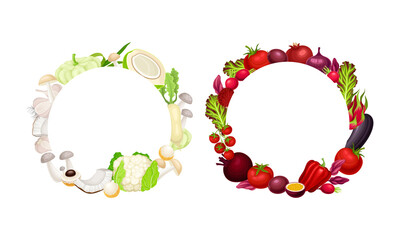 Frames of red or white fruit, vegetables and mushrooms. Round frame with space for text vector illustration