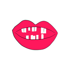 Open mouth with crooked teeth on white background, hand drawn, vector illustration.
