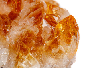 Macro mineral stone Citrine in rock in crystals on a white background
