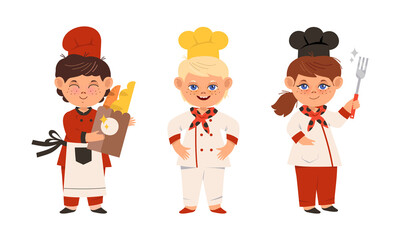 Cheerful children cook chefs in uniform set cartoon vector illustration