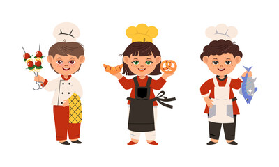 Children cook chefs in uniform set. Cheerful kids cooking and baking cartoon vector illustration