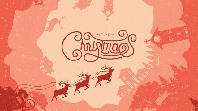Animated Merry Christmas background with parallax spinning paper cutout effect, Santa Claus Driving in a Sledge over a pine forest in the winter Christmas night with snowfall rain on a red background.