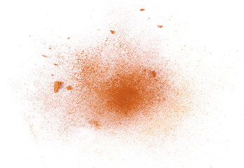  Red brick dust scattered, explosion isolated on white background, clipping path, top view