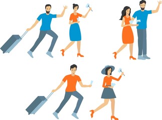 Vector illustration of travel. People with a suitcase. People run with suitcases.