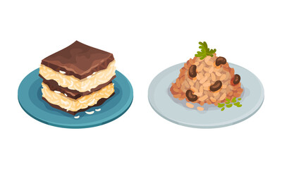 Traditional nutritious tasty dishes served on plates set vector illustration