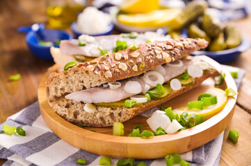 Dutch herring. Toast with Dutch herring, onions, pickles. Traditional rustic appetizer with seafood. Street food in the netherlands. for social networks. Copy space