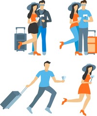 Vector illustration of travel. People with a suitcase. People run with suitcases.