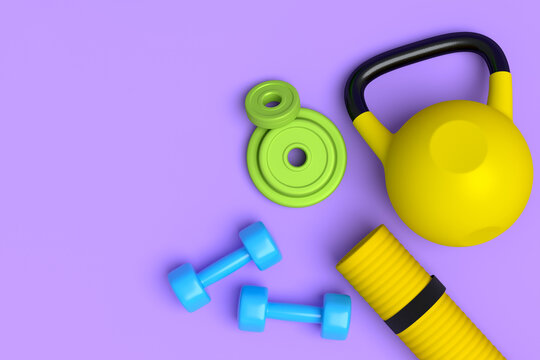Top view of sport equipment like kettlebell, dumbbell and yoga mat on violet
