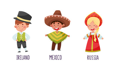 Cute kids in national costumes of different countries set. Children in traditional clothing of Ireland, Mexico, Russia cartoon vector illustration