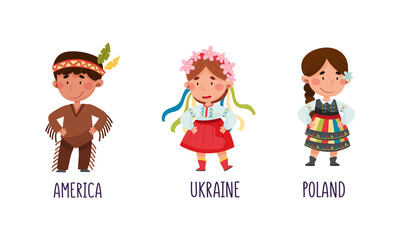 Cute kids in national costumes of different countries set. Children in traditional clothing of America, Ukraine, Poland cartoon vector illustration