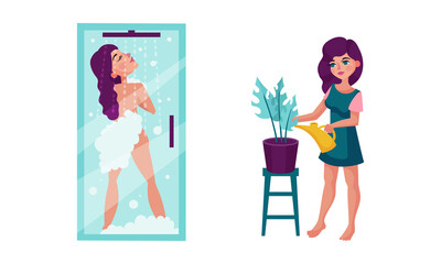 Woman daily routine set. Girl taking shower and watering houseplant cartoon vector illustration