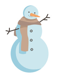 Snowman with carrot and scarf. Traditional snow figure