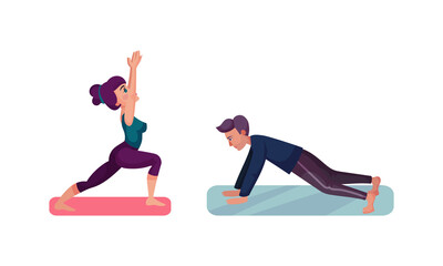 Fototapeta premium People daily routine set. Man and woman doing yoga cartoon vector illustration