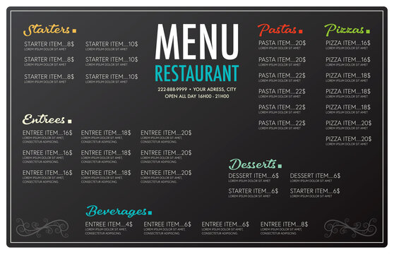 Restaurant menu flyer template layout design black background fonts are europa light and armonia script