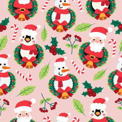 Christmass seamless pattern with snowmans, wreath and Santa Claus.Beautiful christmas  seamless pattern