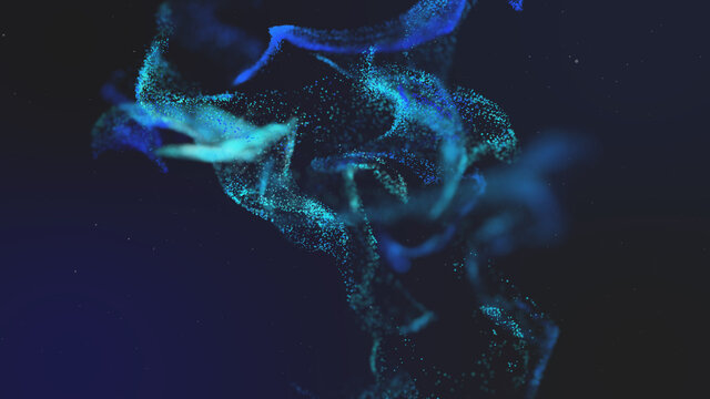 3d illustration of blue glitter particles background with shining light flares.