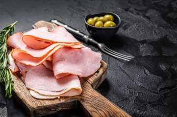 Fotobehang Pork ham slices on cutting board, Italian Prosciutto cotto. Black background. Top view. Copy space © Vladimir