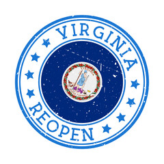 Virginia Reopening Stamp. Round badge of US State with flag of Virginia. Reopening after lock-down sign. Vector illustration.