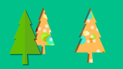 Green pine trees. SNOWFLAKES. Merry Christmas. 3D illustration, light background. Nativity ornament. Shadow effects, depth perspective. Geometric forms inside the element. Random circle design.