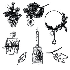 Vector New Years set on isolated white background. Cute Christmas candles, wreath, spruce twigs, cones