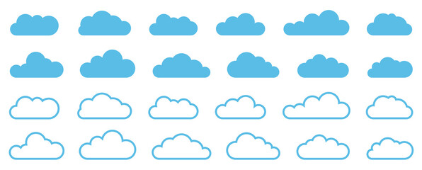 Cloud icons set. Cloud shapes flat and line style collection. White clouds on a blue background - stock vector.