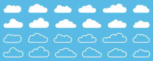 Cloud icons set. Cloud shapes flat and line style collection. White clouds on a blue background - stock vector.
