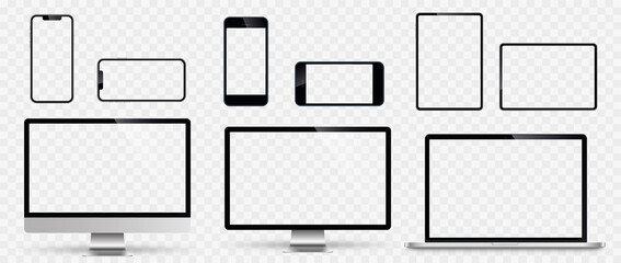 Realistic set of monitor, laptop, tablet, smartphone. Computer display, tablet, smartphone and laptop screen on transparent background - stock vector.