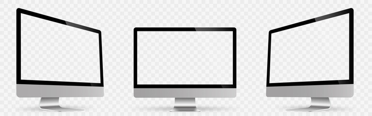 Relistic computer monitor screen. Three computers from different sides. Computer display on transparent background - stock vector.