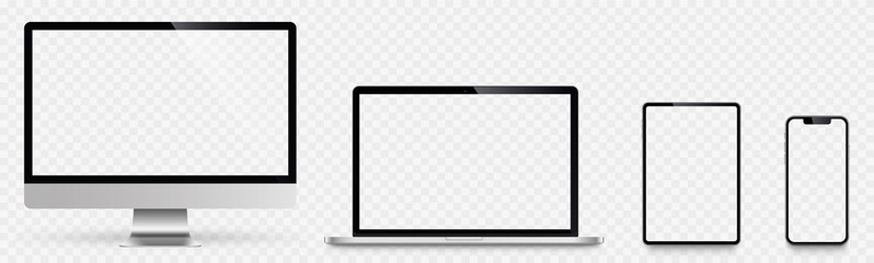 Realistic set of monitor, laptop, tablet, smartphone. Computer display, tablet, smartphone and laptop screen on transparent background - stock vector. - obrazy, fototapety, plakaty
