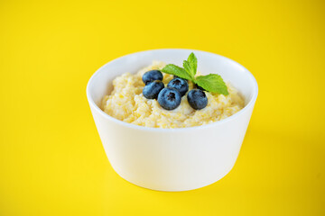 Corn porridge with fresh blueberries in a bowl