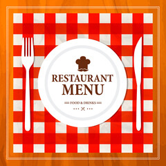 Restaurant menu food and drinks on a retro style. Plate, fork, knife, cutlery on red checkered tablecloth. Menu template
