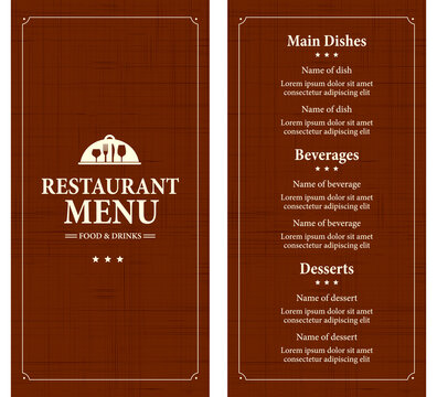 Restaurant menu food and drinks on a retro style. Menu template on a brown background