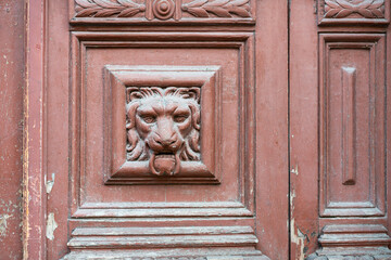 fragment of an old wooden door with a bas-relief of a fearsome lion's head