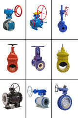 nine valves of various designs with manual control for a gas pipeline on a white background - 472499568
