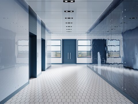 Hallway Hall Of An Office Building With Blue Elevator Doors And A Blue Glass Wall With A White Mosaic Floor.