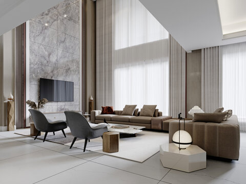 Contemporary living room in light colors with high ceilings and trendy contemporary furnishings.