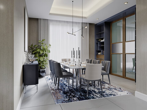 Modern dining room with blue furniture and a dining table with spotted carpet near the window.