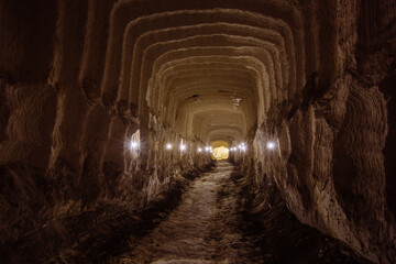 Chalky mine tunnel with traces of drilling machine, Belgorod, Russia