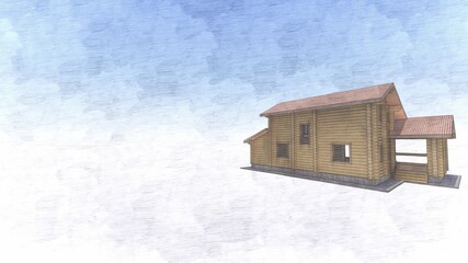 Country villa made of rounded round logs in two floors, with a broken roof. A color hand-drawn picture on an isolated background with a place for the text on the right