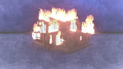 Fire in a log house. Burning wooden house made of rounded logs in the background. Colorful illuminated picture on a dark background