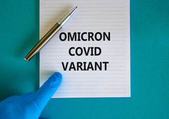 New covid-19 omicron variant strain symbol. Hand in blue glove with white note. Concept words...