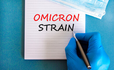 New covid-19 omicron variant strain symbol. Hand in blue glove with white note. Concept words...