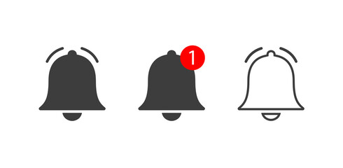 Notification bell icons. Ringing bells for inbox message. Vector sign for social media and apps isolated on white background.