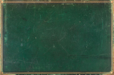 Antique leather-bound book cover with golden border around the edge. Grunge background