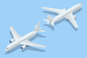 Isometric Airplanes on Blue Background. Industrial Blueprint of Airplane. Airliner A-320 in Top