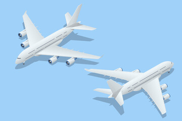 Isometric Airplanes on Blue Background. Industrial Blueprint of Airplane. Airbus Industries EADS Airbus A380 super jumbo large wide body passenger