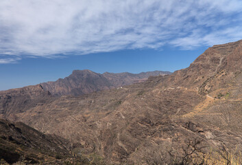 Fototapeta na wymiar Gran Canaria, landscape of the central mountainous part of the island, Landscapes around hiking route in Barranco de Siberio valley, edge of nature park Pajonales 
