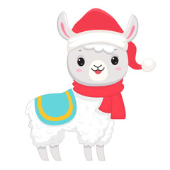 Cute white Christmas llama in Santa hat