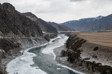 Katun river surrounded by rocky mountains at Altai Republic, Russia - obrazy, fototapety, plakaty